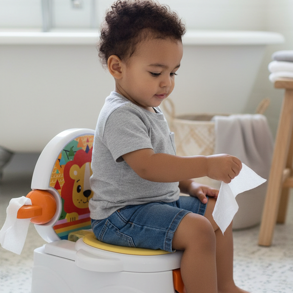 Child using the Multifunction Portable Potty Training Toilet while holding toilet paper.