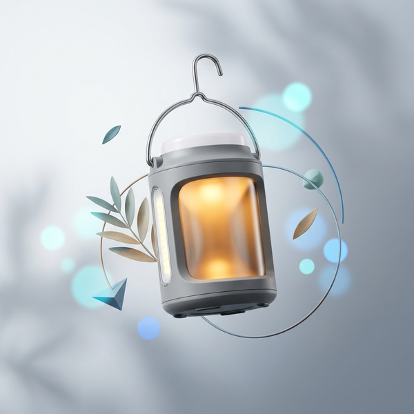 Solar Rechargeable LED Camping Light hanging with a soft glow, ideal for outdoor adventures and nighttime activities.