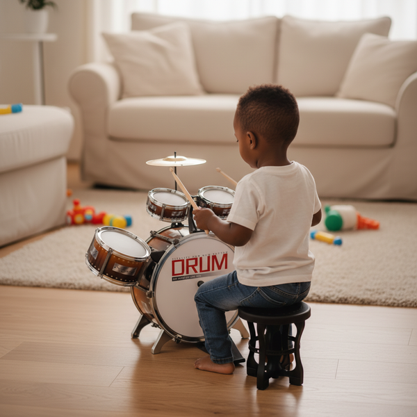 A boy playing with a Multi Function Drum for Boys Jazz Drum Toy, enjoying music and rhythm at home.