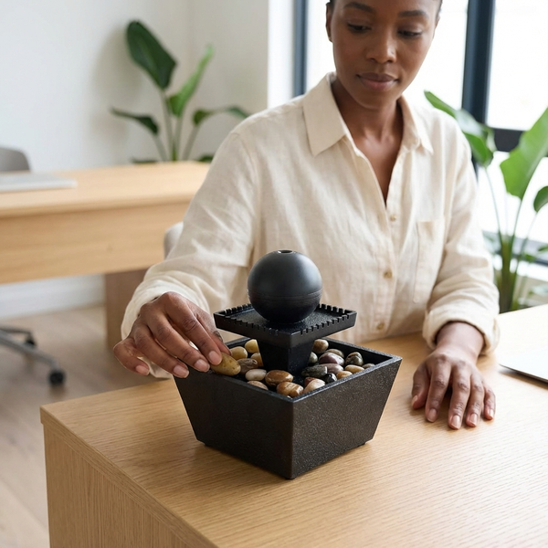 Indoor Tabletop Water Fountain Decor with stones, providing a calming experience in a workspace.