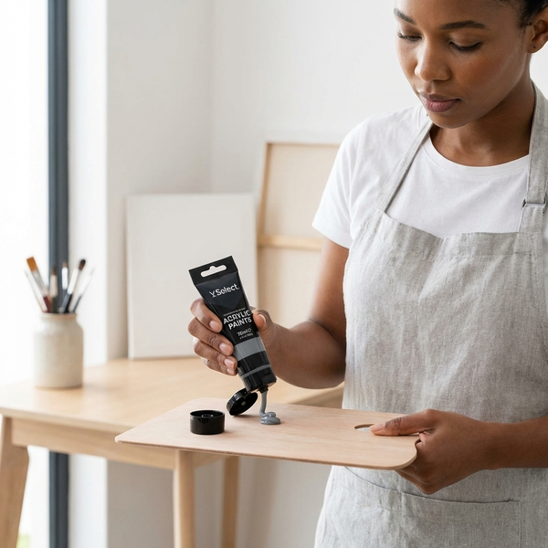 A person holding a tube of Acrylic Paint 75ml - Black, preparing to use it on a wooden palette.