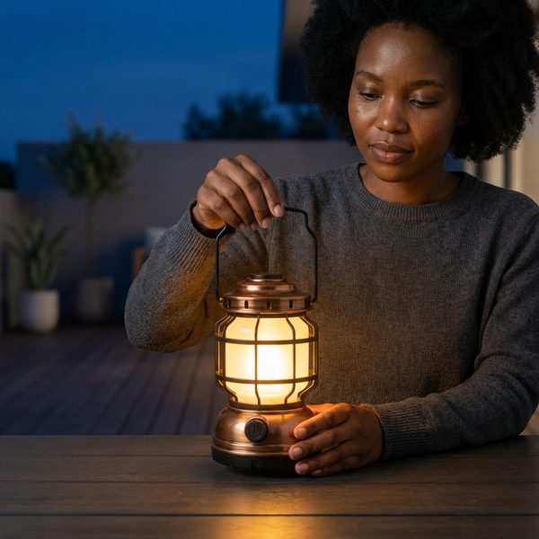 A person holds the Rechargeable Waterproof Camping Lantern, ready for outdoor use at dusk.
