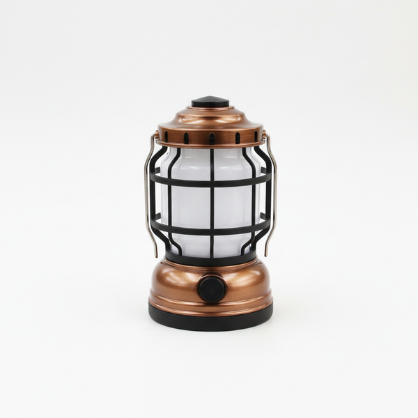 Rechargeable Waterproof Camping Lantern with a copper finish and protective grid for outdoor use.