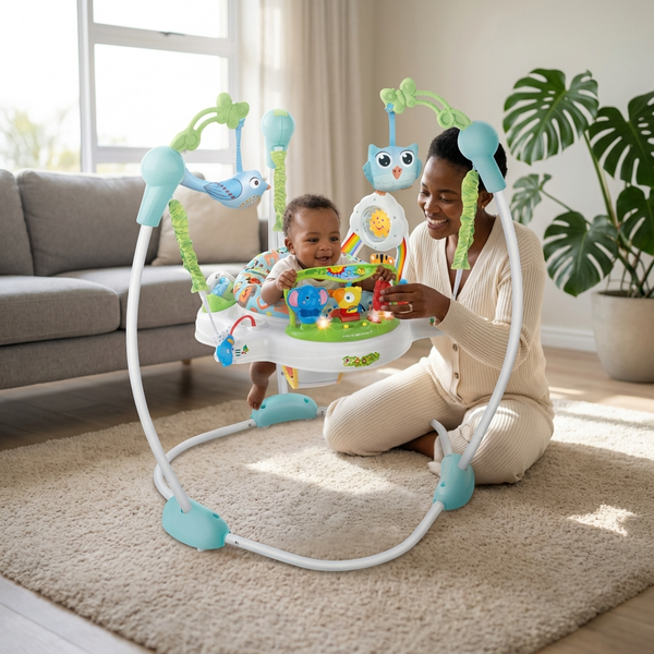 Multifunction Baby Toys Infant Jumperoo Learning Center with baby playing and engaging in safe exercise.