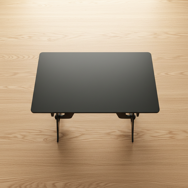 Wooden Convertible Under Desk Bed displayed on a sleek black under-desk table, ideal for compact spaces.