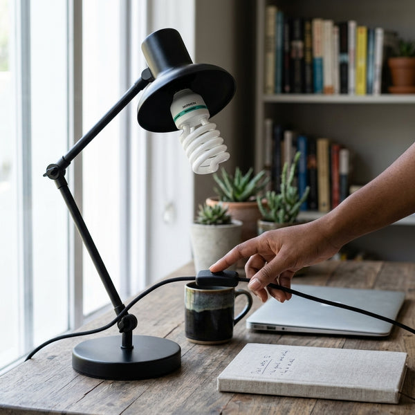 Photo Full Spectrum Light Bulb 150W in desk lamp illuminating workspace with plants and coffee mug.