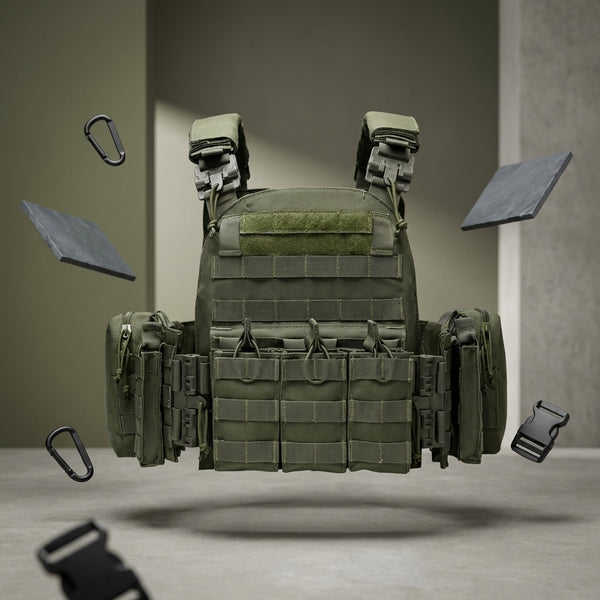 Tactical Vest Ceramic Armour Plates NIJ Level 3/4 shown with protective plates and accessories hovering around.
