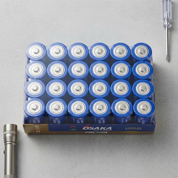D Cell Batteries 24 Pack in a cardboard box, showing reliable power for household devices.