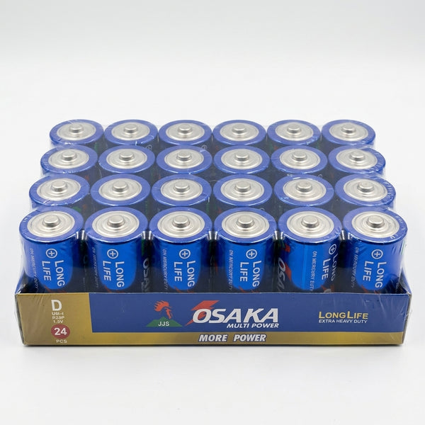 D Cell Batteries 24 Pack display in blue packaging showing their long-life and extra heavy-duty performance.