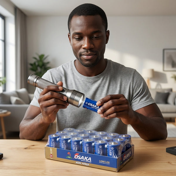 Man using D Cell Batteries 24 Pack to power a flashlight, showcasing reliable battery performance.