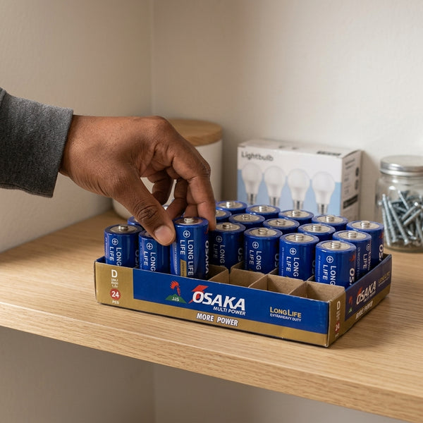 Person picking D Cell Batteries 24 Pack from a shelf, showcasing reliable power for everyday devices.