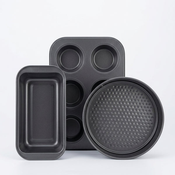 3 Piece Non Stick Bakeware Set including loaf pan, muffin tray, and round pizza pan.