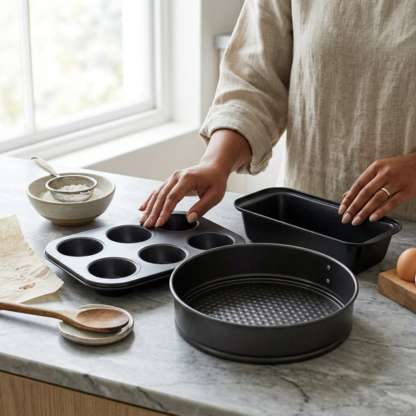 3 Piece Non Stick Bakeware Set displayed on a kitchen countertop, showcasing a muffin pan, loaf pan, and round cake pan.