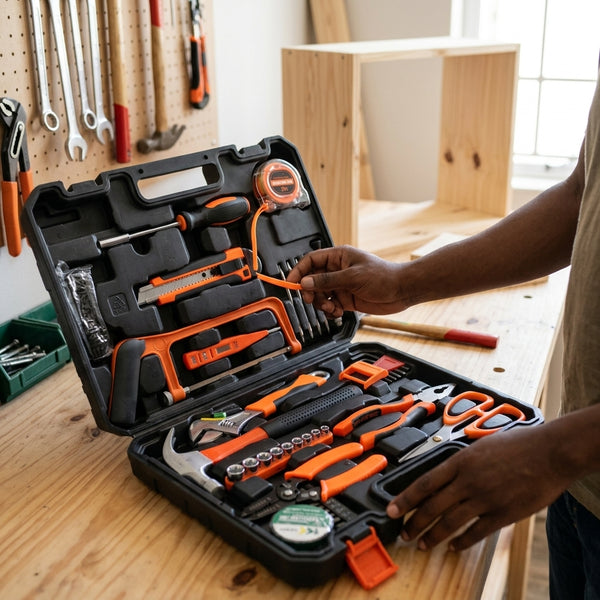 Multi-Function Household Combination Set displayed in a tool case on a wooden table, showcasing various tools for home improvement.