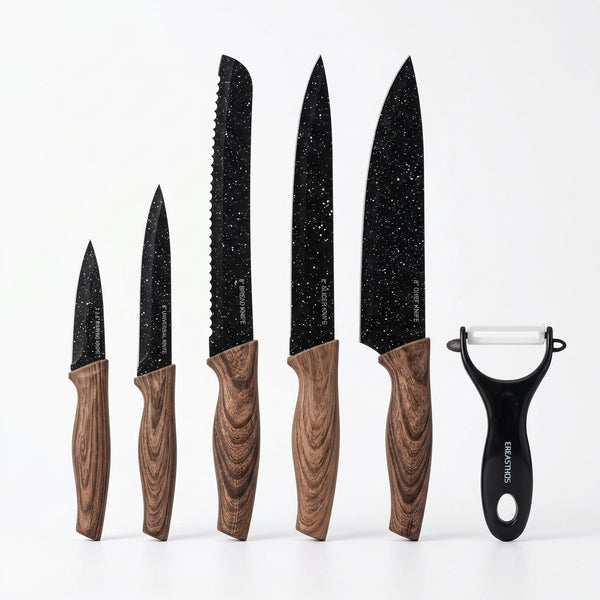 5 Piece Professional Antibacterial Kitchen Chef Knife Set featuring sharp stainless steel blades and ergonomic wooden handles.