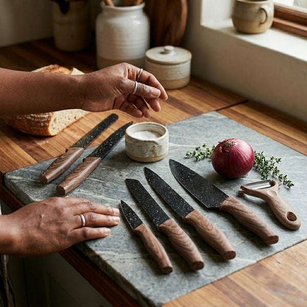 5 Piece Professional Antibacterial Kitchen Chef Knife Set displayed with fresh ingredients on a kitchen countertop.