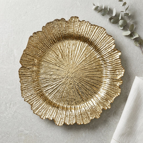 13-Inch Eco-Friendly Wedding Charger Plate in gold with a textured, ruffled design perfect for elegant table settings.