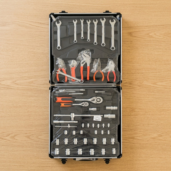 Hand Tool Combination Set in a portable trolley case showcasing various tools for home and auto repairs.