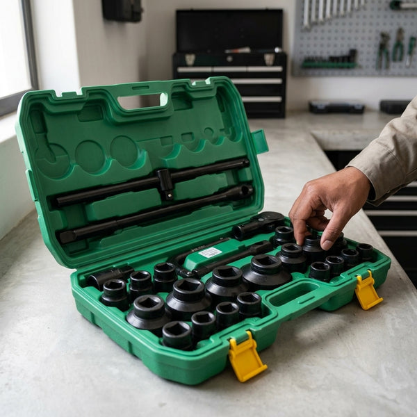 Heavy Duty 26-Piece Socket Wrench Set displayed in a green case, showcasing various sockets and tools suitable for heavy-duty jobs.