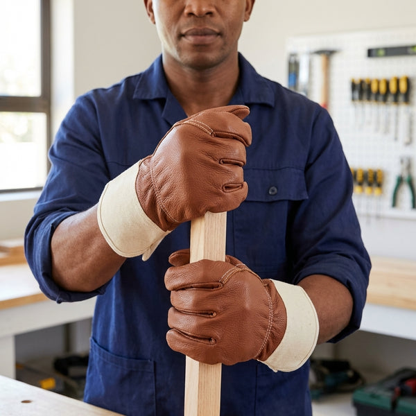 Reinforced Leather Safety Gloves worn by a worker in a workshop holding a wooden piece for construction tasks.