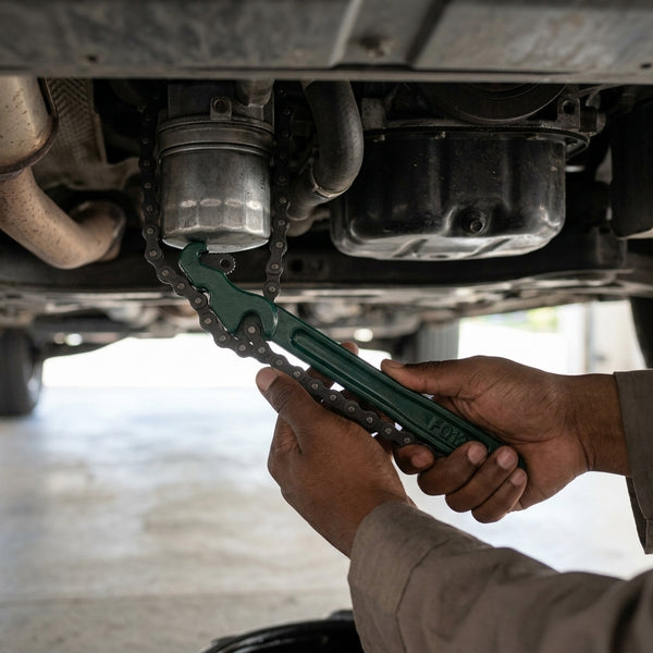 Using a Double Chain Oil Filter Wrench Tool to remove an oil filter under a car.