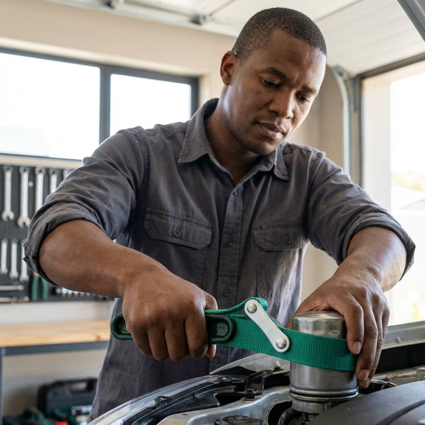 Man using a 9 Inch Adjustable Strap Oil Filter Wrench to remove an engine filter in a workshop.