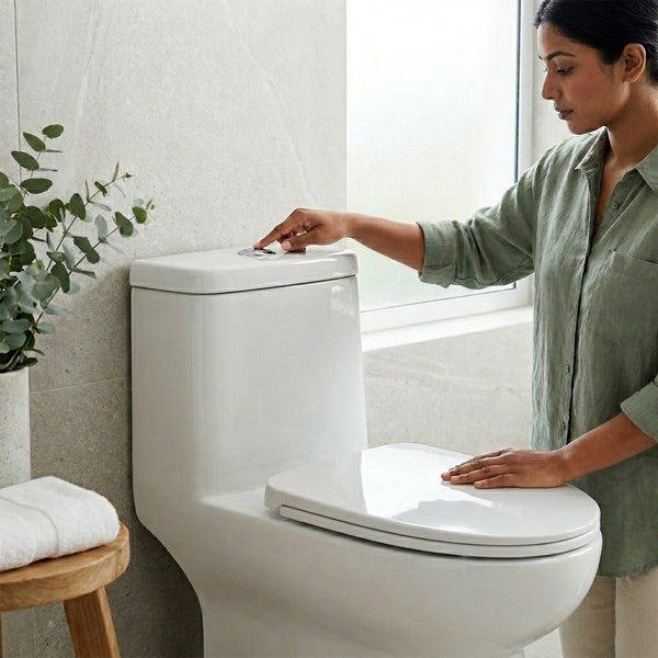Modern Ceramic One-Piece Toilet Unit in a stylish bathroom with a woman using it.