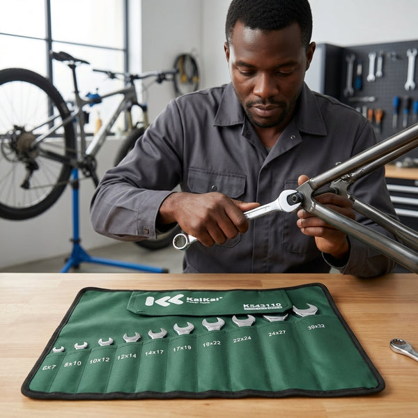 Mechanic using the 10 Piece Double Open End Spanner Set for bike repair, showcasing high-torque tools in an organized case.