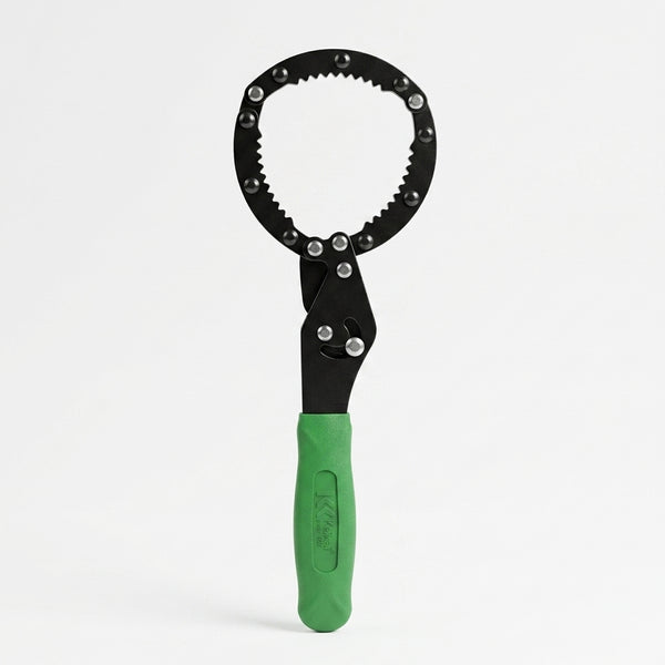Reinforced Handcuff-Style Oil Filter Wrench Tool with black and green design for easy oil filter removal.