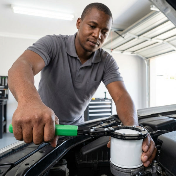 Reinforced Handcuff-Style Oil Filter Wrench Tool in use by a mechanic removing an oil filter.