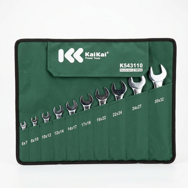 10 Piece Double Open End Spanner Set displayed in a green organizer, showcasing various sizes for versatile mechanical tasks.