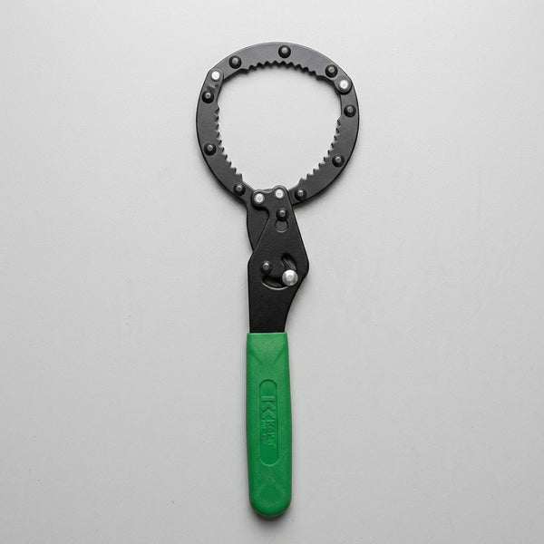 Reinforced Handcuff-Style Oil Filter Wrench Tool with green handle and metal grip for easy filter removal