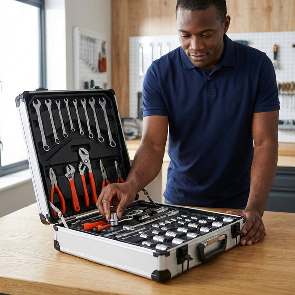 Man using the Hand Tool Combination Set from an open toolkit, showcasing various hand tools and a portable case.