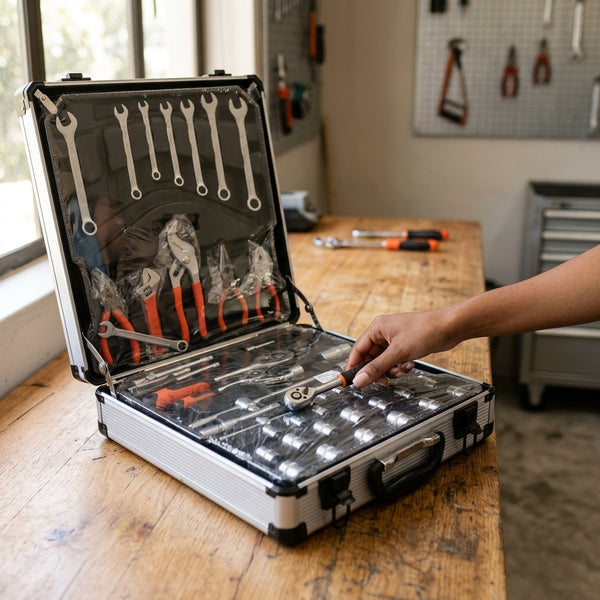 Hand Tool Combination Set displayed in a portable trolley case, showcasing various tools for home and auto repairs.