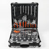 Hand Tool Combination Set displayed in a portable trolley case, featuring various tools for home and auto repairs.