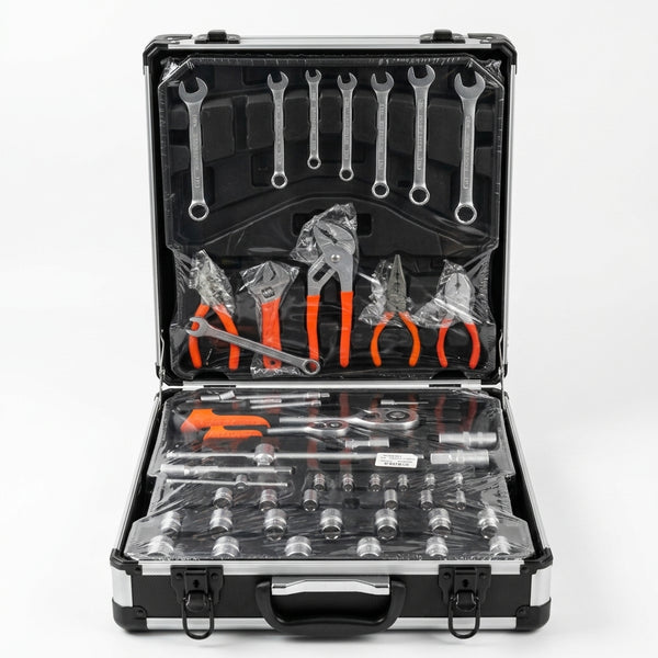 Hand Tool Combination Set displayed in a portable trolley case, featuring various tools for home and auto repairs.