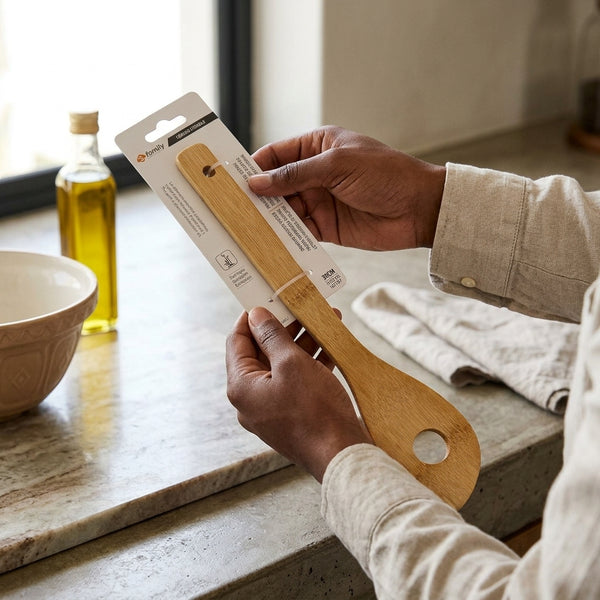 Person holding Natural Beechwood Cooking Spoon packaging in a kitchen setting with olive oil and bowl.