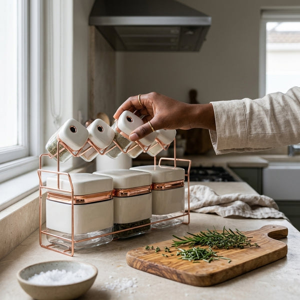 8-Piece White and Rose Gold Spice Jar Set