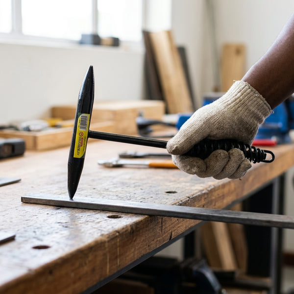 A person using a 300g Welding Chipping Hammer on a metal workpiece in a workshop setting.