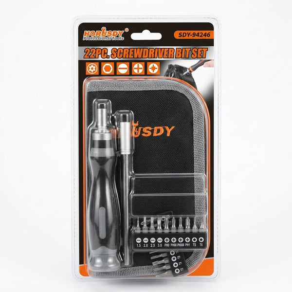 22 Piece Screwdriver Bit and Precision Set displayed in packaging with various screwdriver bits and a carry case.