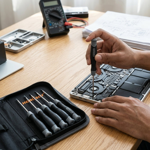 Person using the 7-Piece Precision Torx Screwdriver Set on electronic device for delicate repairs.