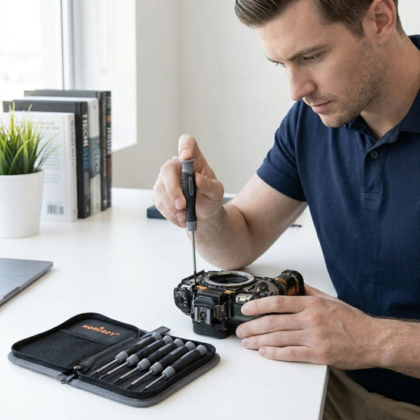 A person using a 7-Piece Precision Torx Screwdriver Set to repair a camera on a desk.
