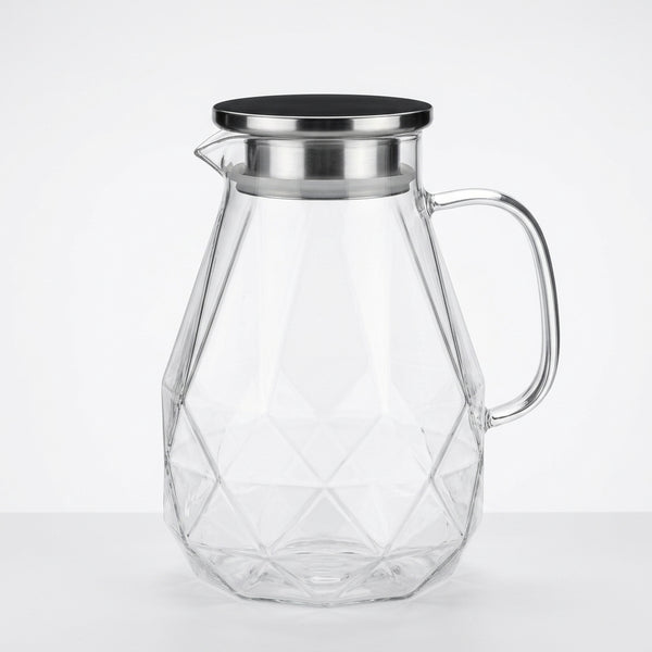 High Borosilicate Glass Cold Water Kettle with geometric design and stainless steel lid.