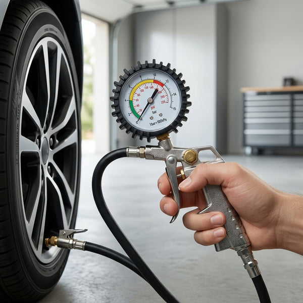 Car Tyre Pressure Gauge measuring tyre pressure on a car for safety and efficiency.