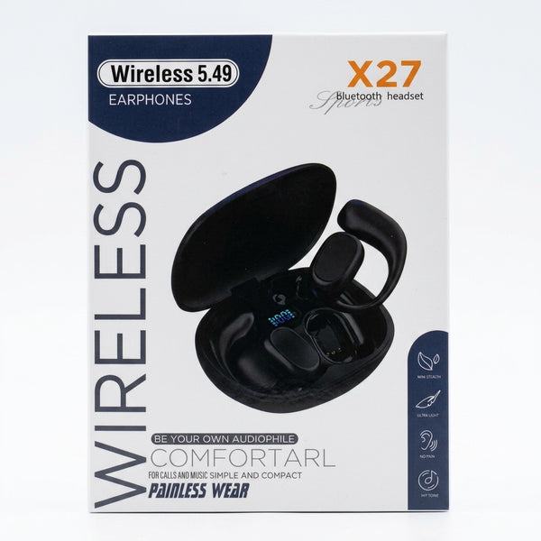 X27 Air Conduction True Wireless Earbuds packaging showcasing features and design.