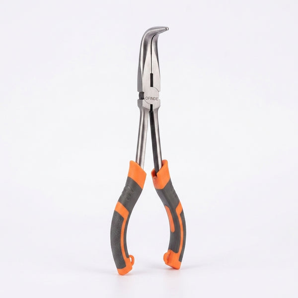 Bent Nose Pliers with ergonomic grips for precision work in tight spaces.