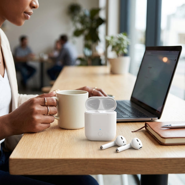 i13 TWS Wireless Bluetooth 5.0 Earbuds charging case on a desk with a laptop and coffee cup.