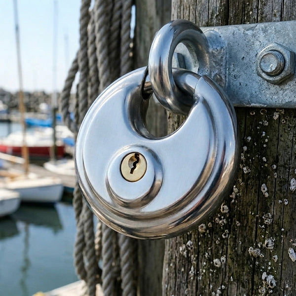80mm Anti-Theft Stainless Steel Disc Lock securing a wooden post at a marina with boats in the background.
