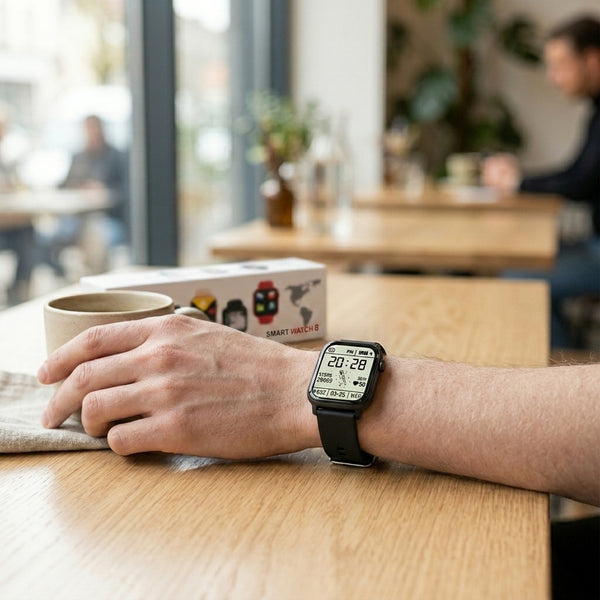 Z33 Model 8 Bluetooth Smartwatch on a wrist in a café setting, displaying time and notifications.