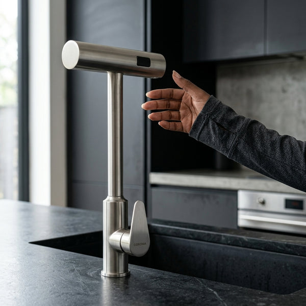 Flexible Pull Down Deck Mounted Kitchen Faucet in a contemporary kitchen setting.